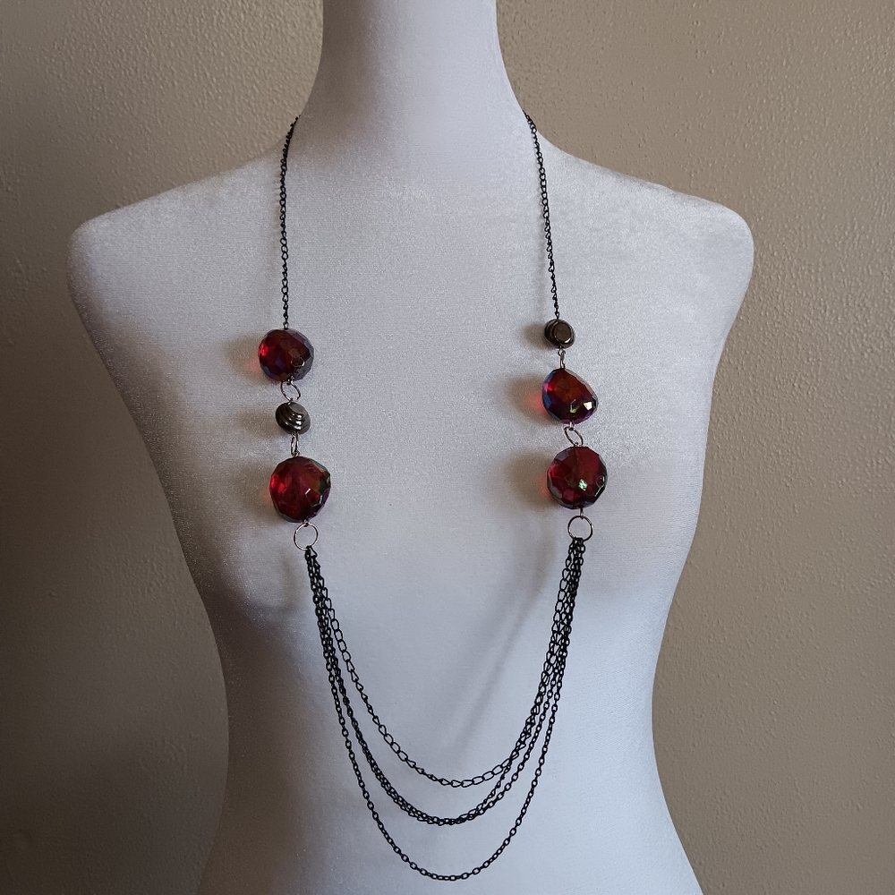 Whimsigoth Black Chain Iridescent Red Chunky Bead Layered Necklace, Gothic Witch
